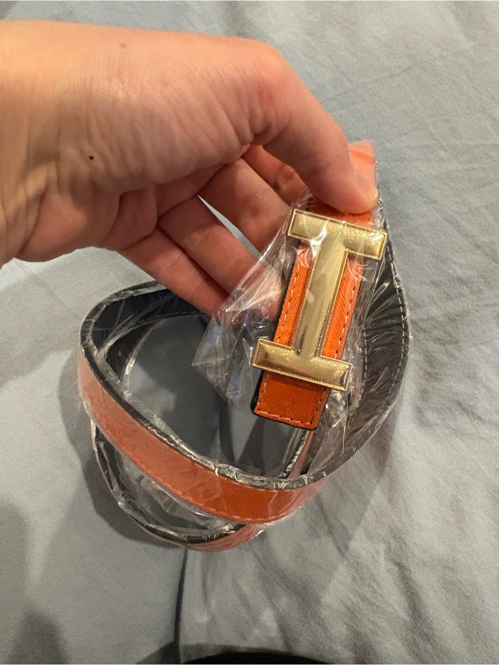 Orange Leather Belt with Gold H Buckle